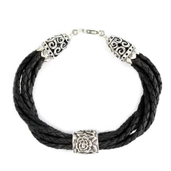 Gelang Perak Leather Hitam Jalin B230
