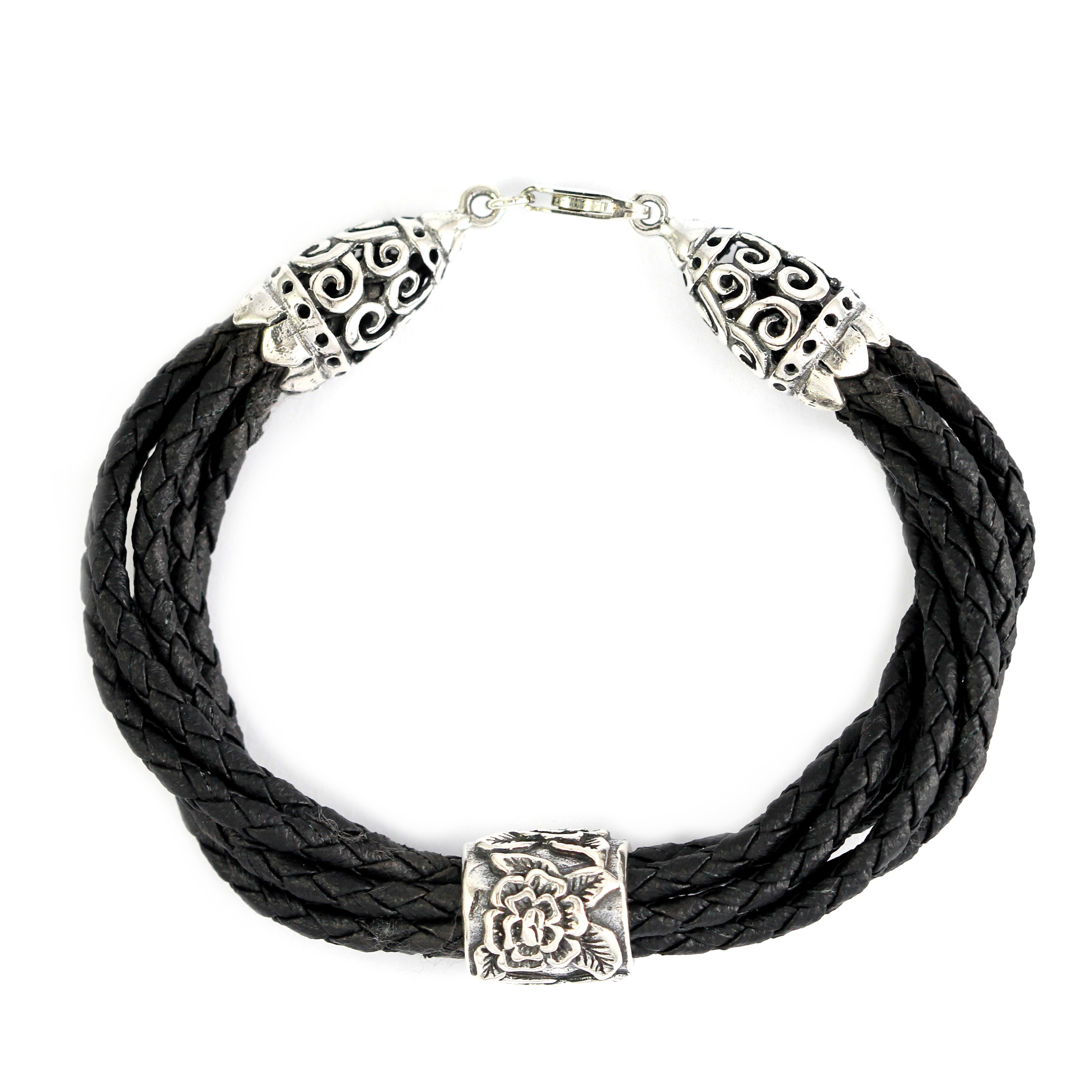 Gelang Perak Leather Hitam Jalin B230 - Gambar 1